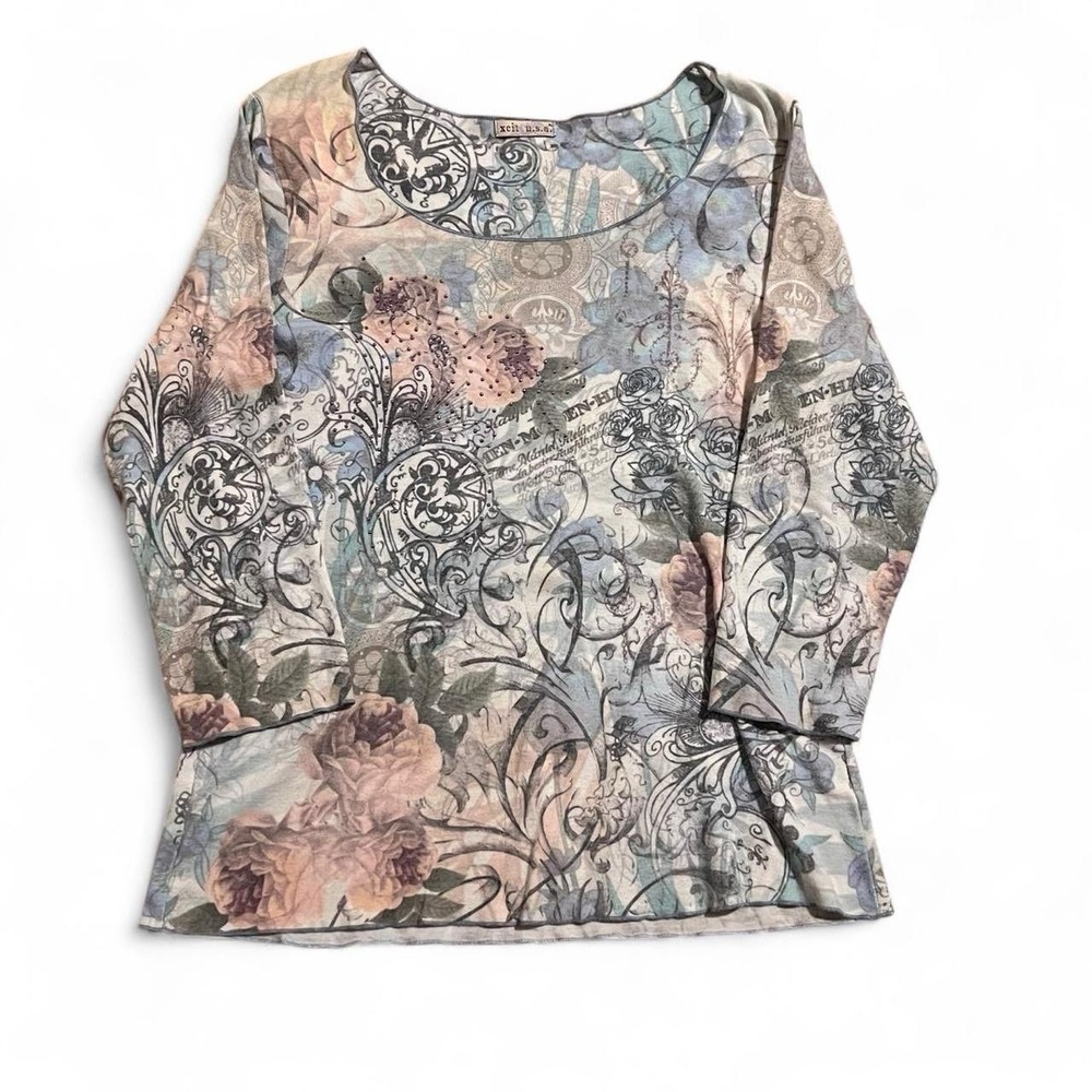 Vintage Women's Size XL xcit USA Floral 3/4 Sleeve Top Y2K Goth Eli